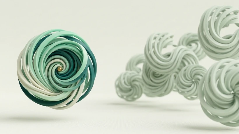 A cluster of near-identical pale swirl forms with one vivid mint-and-teal swirl in sharp focus
