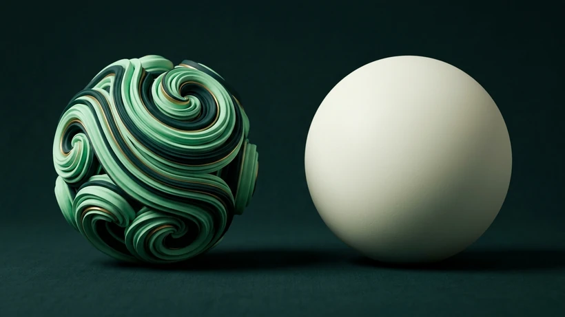 On a dark background, a richly detailed mint-and-teal swirl-wrapped sphere beside a smooth, blank white sphere