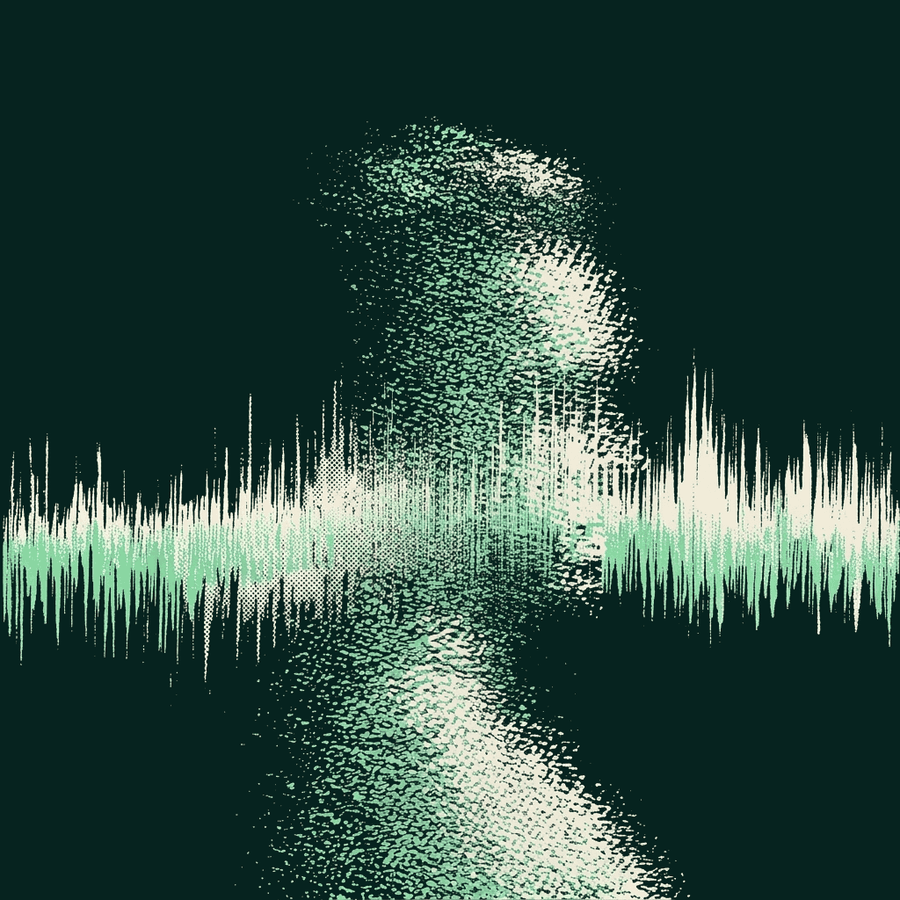 A human profile emerging from a horizontal waveform, both drawn in coarse halftone dots