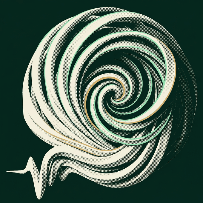 A voiceprint rendered as an object: intertwined dithered strands spiralling into a point, then trailing off into a drawn line